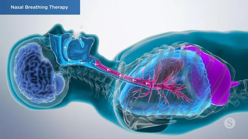 A video still - Nasal Breathing Therapy with an image showing a person laying down and the airflow coming out of the mouth.